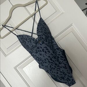 Elegant Blue Leopard Print one-piece bathing suit.